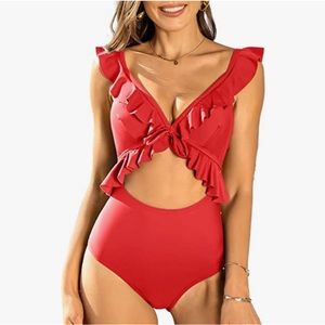 One piece red bathing suit with cut out